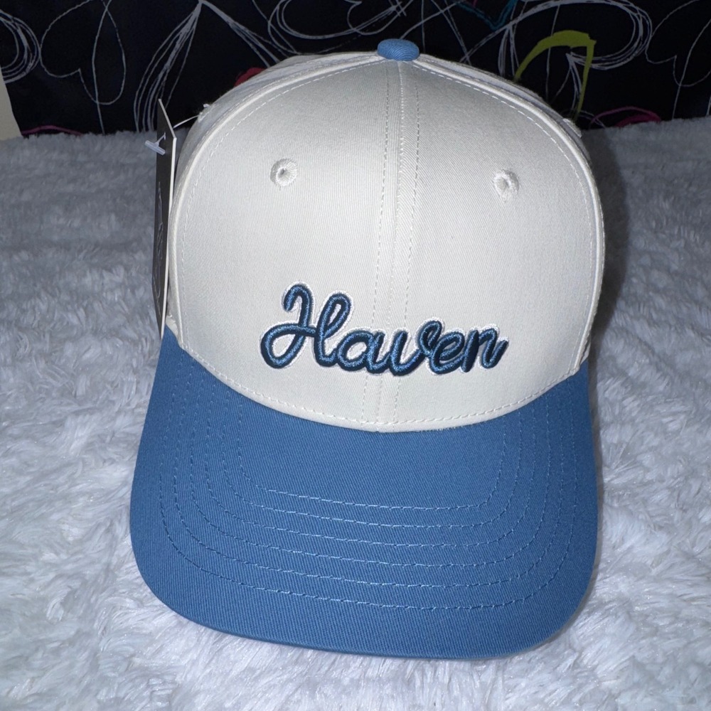 Haven Snapback Hat Mens OSFM Blue White NEW Embroidered Script Two Tone Cap